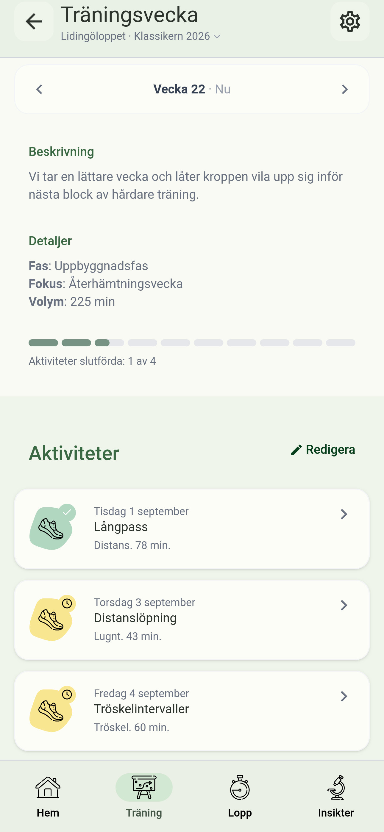 Träningsvyn i appen med veckans pass och hur mycket som är avklarat